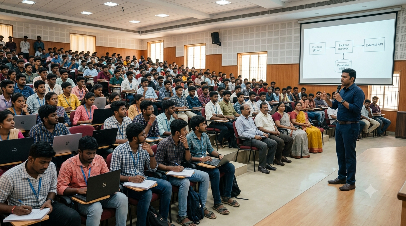 Campus training session with students and college banner visible