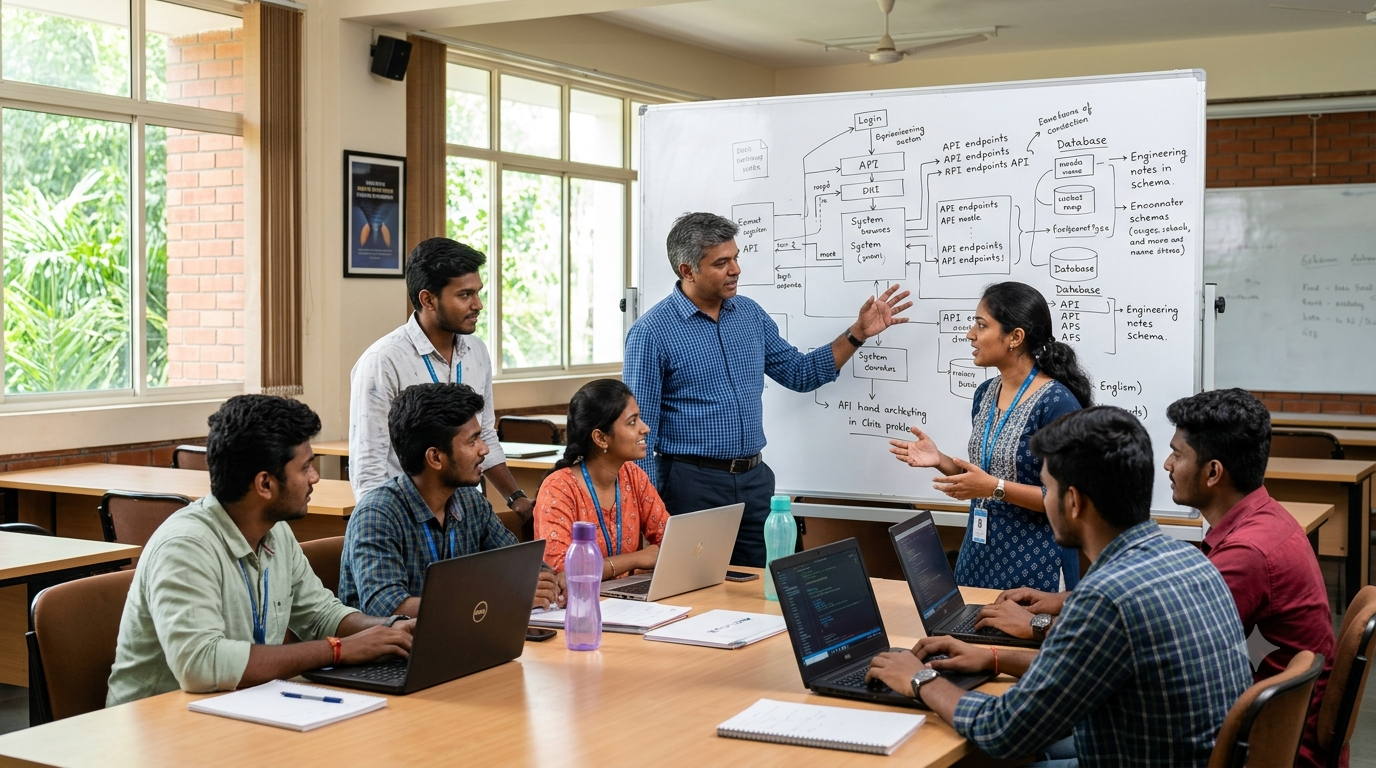 Trainer at a whiteboard with students in a Tiruvallur classroom