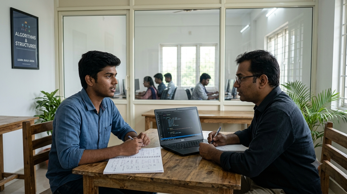 Mentor and student in a mock interview at the Tiruvallur centre